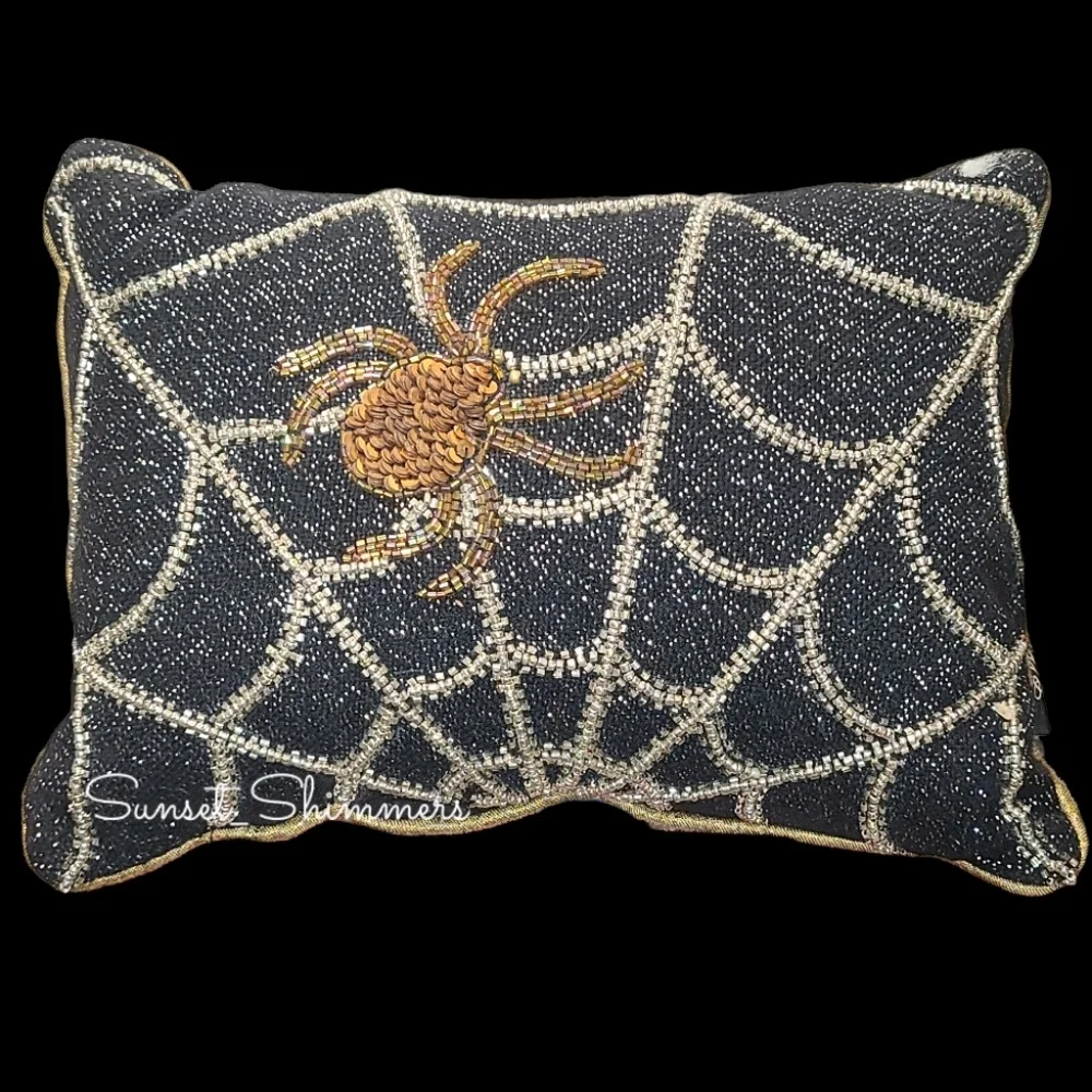 Witch Crafters Halloween Seguin Spider Beaded Spiderweb Pillow Spooky Decor 14